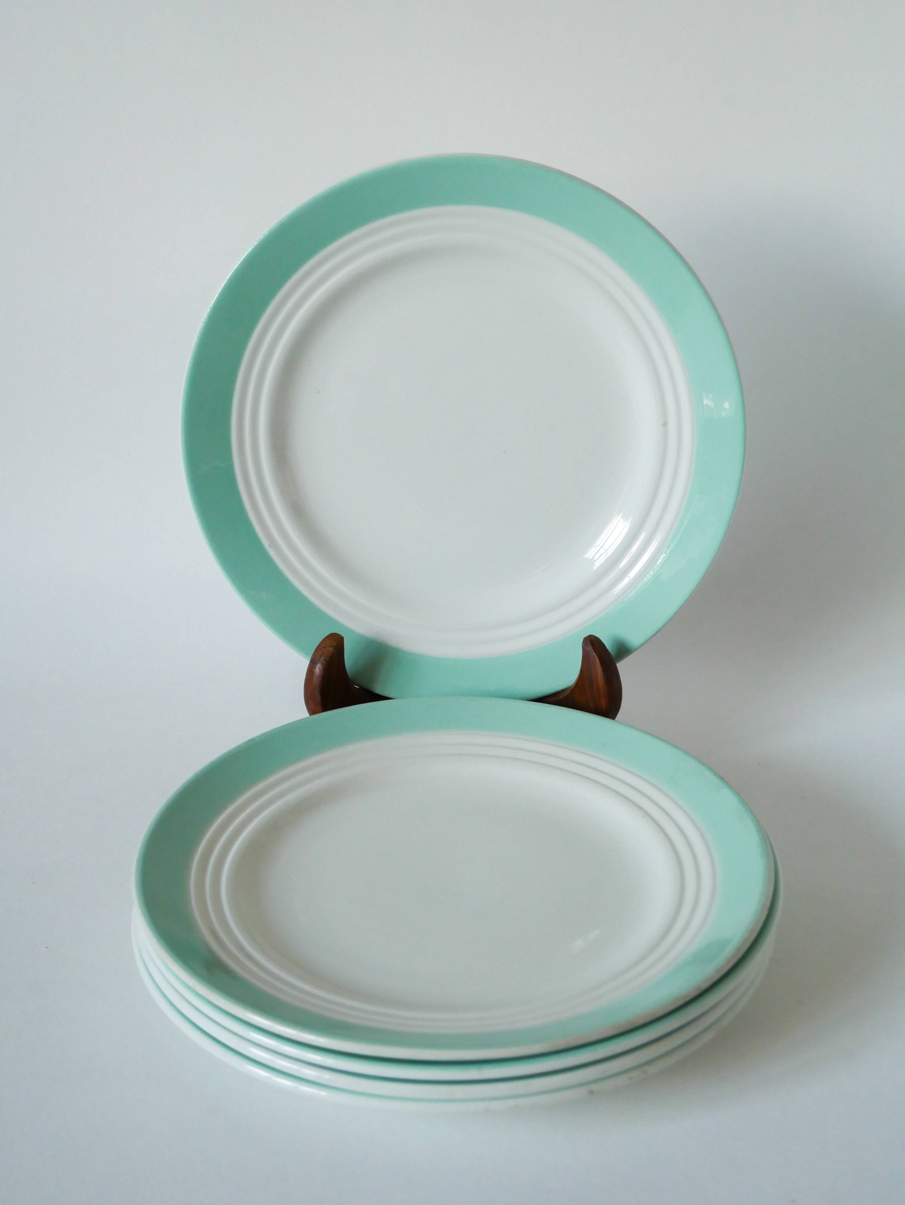 Set of 5 Saint-Smand dessert plates with mint colored edge, 1950