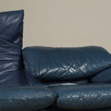 Two Cassina Maralunga two-seat sofas in blue leather by Vico Magistretti, Italy