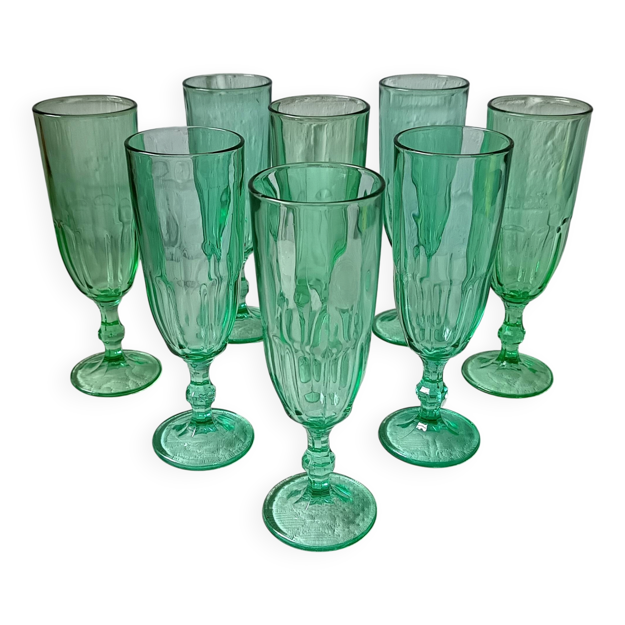 8 vintage emerald green glass champagne flutes
