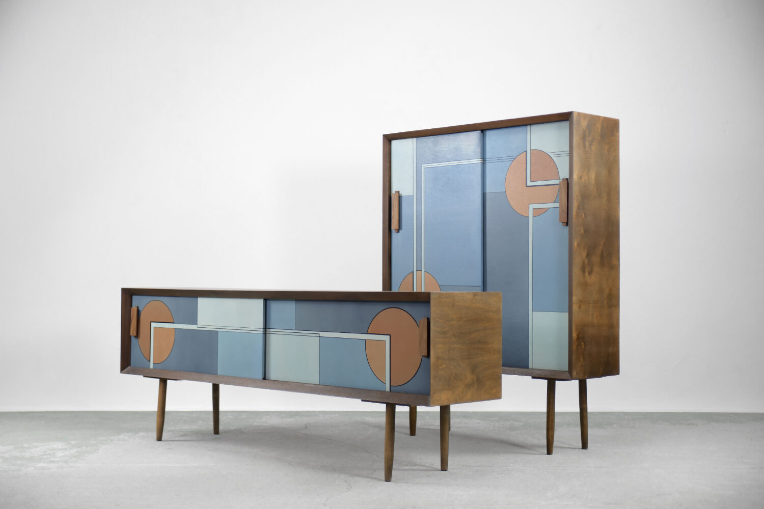 Set of 2 mid-century modern scandinavian hand-painted birch cabinet & sideboard, 1960s