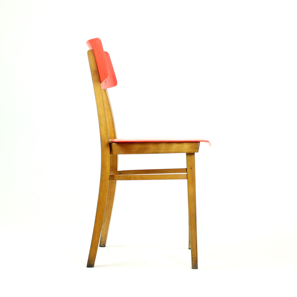 Midcentury chair in red and beech wood, Czechoslovakia circa 1960