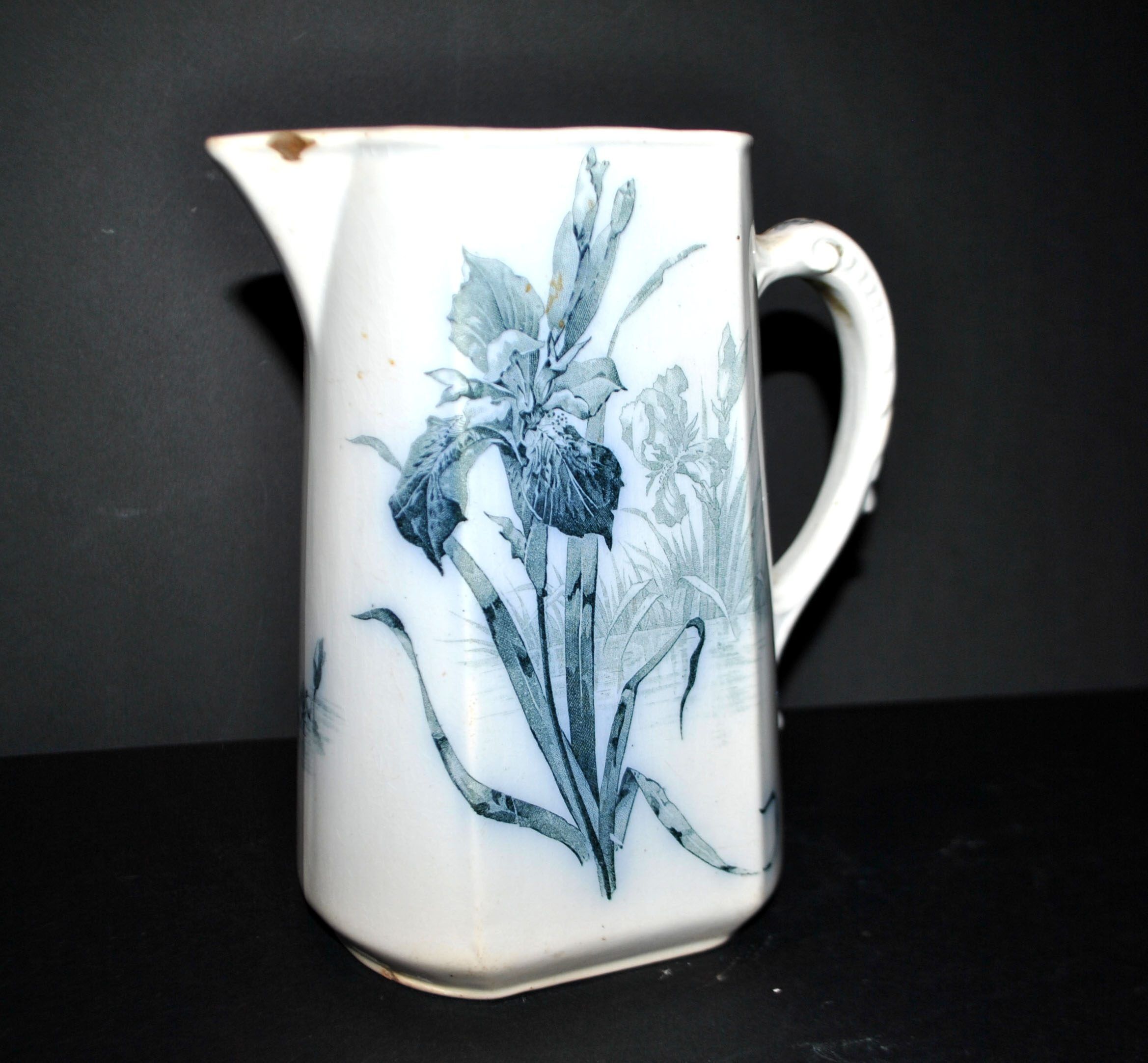 Antique Art Nouveau iris flower earthenware pitcher by Villeroy & Boch Wallerfangen