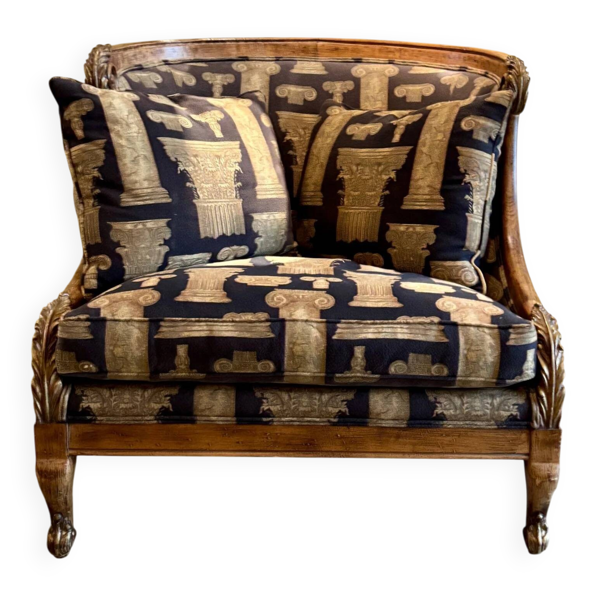 Armchair in a wooden confessional style with black and beige cotton.