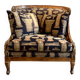 Armchair in a wooden confessional style with black and beige cotton.