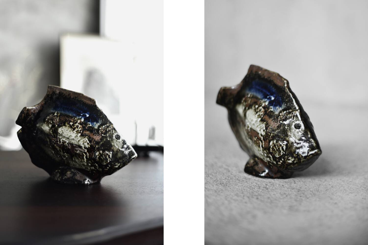 Brown stoneware and cobalt fish, vintage mid-century, modern and Scandinavian.