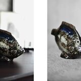 Brown stoneware and cobalt fish, vintage mid-century, modern and Scandinavian.