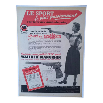 Sports paper advertisement shooting with pistol Manurhin Walther woman from period magazine