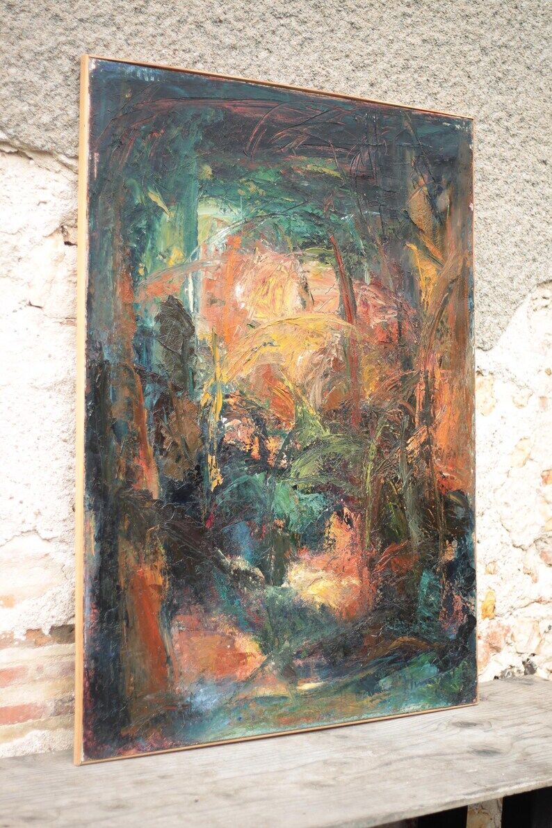 Oil on canvas signed Monique Humbert, large abstract composition, wall painting, interior decoration.