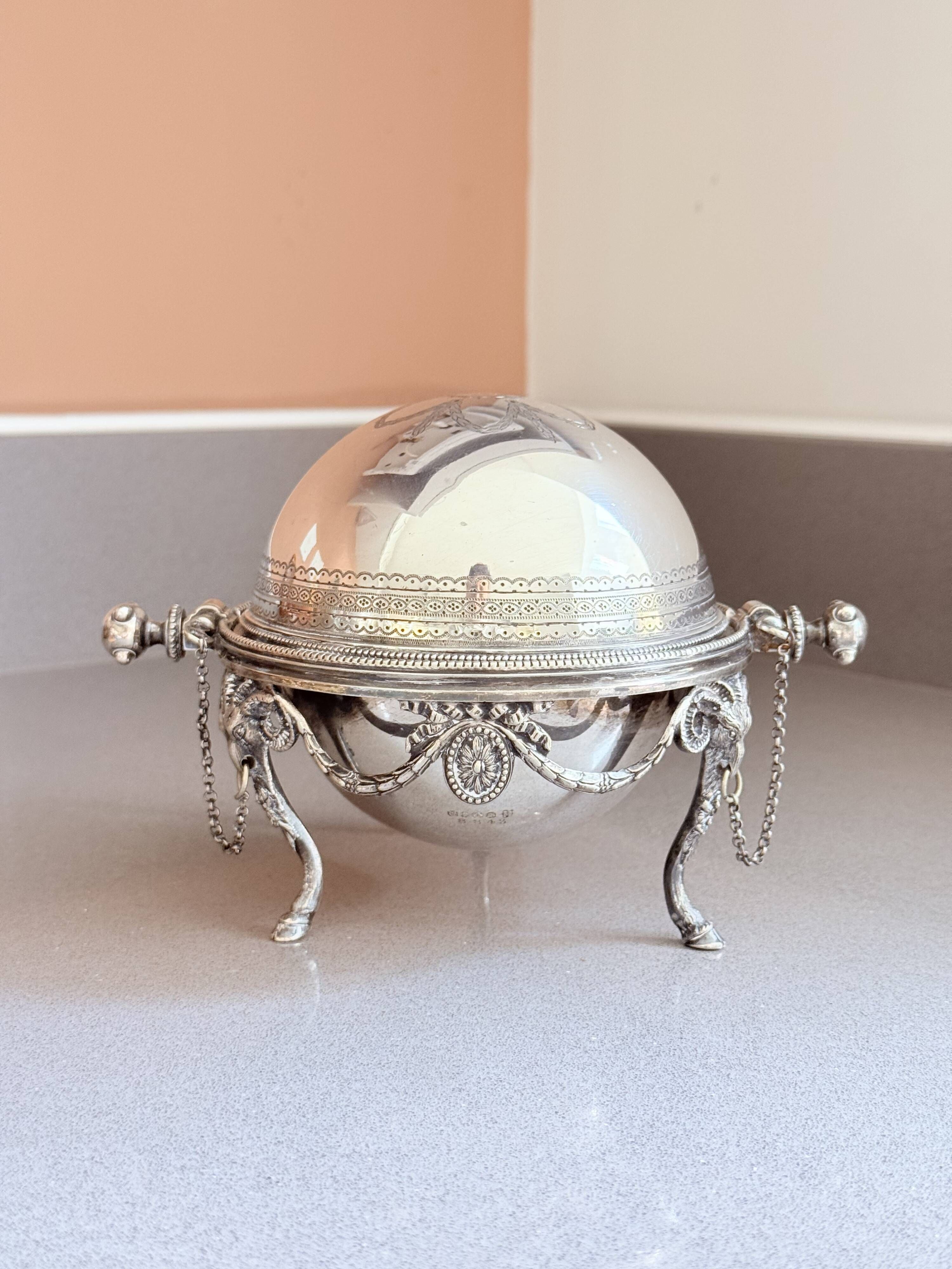 Antique English Silver-Plated Roll-Top Caviar Dish with Ram’s-Head Decoration