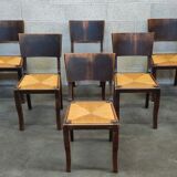 Suite of 6 chairs brutalist style straw and solid oak