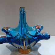 Vintage blown glass basket of Spanish art signed ROYO.