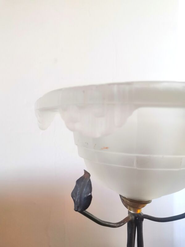 Lampe vintage vasque givrée pied au décor floral design années 60 - 70