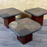 90s set of 3 brutal coffee tables with mosaic by Paul Kingma for Kneip