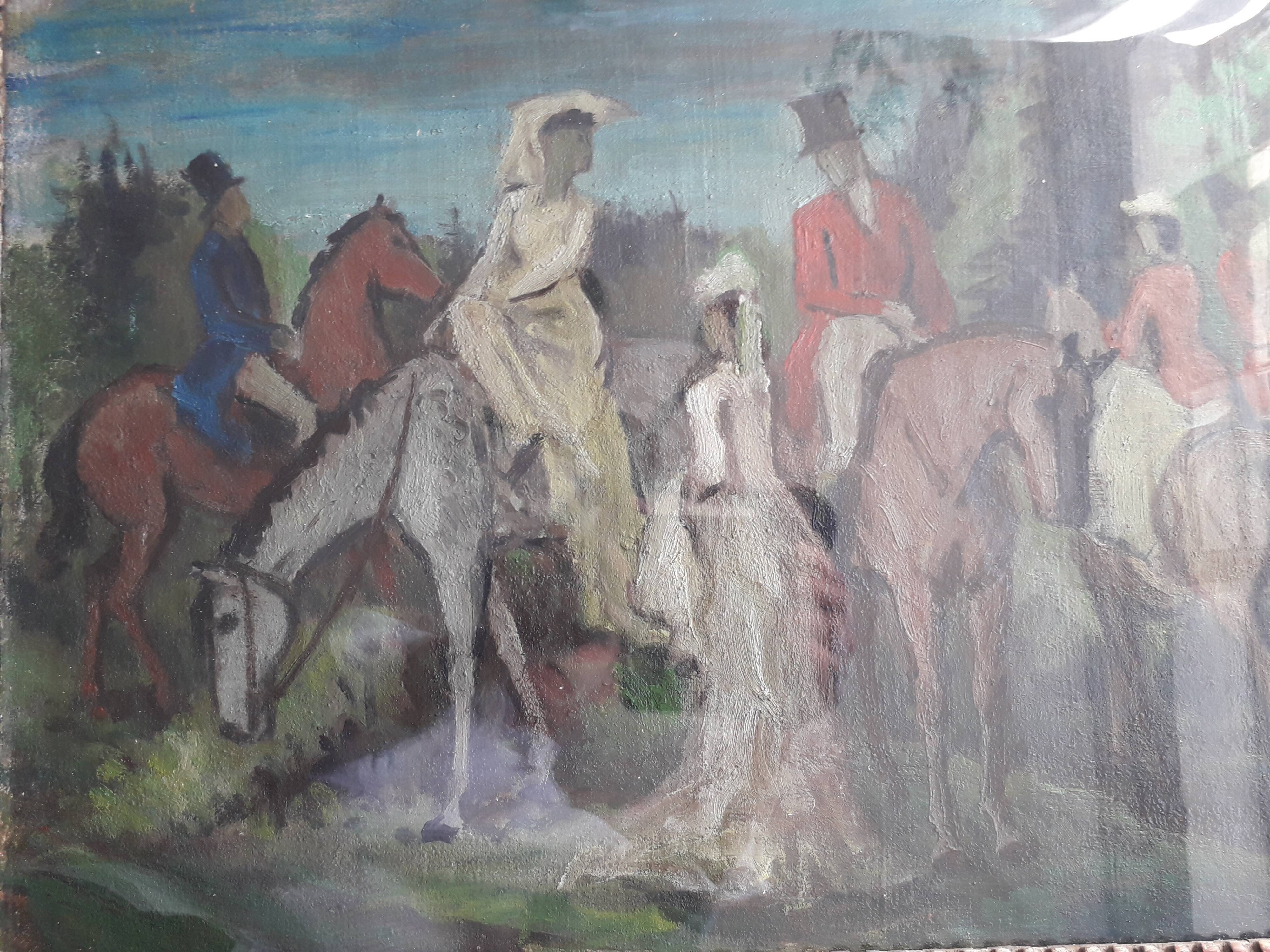 Old oil painting representing an equestrian scene