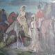 Old oil painting representing an equestrian scene