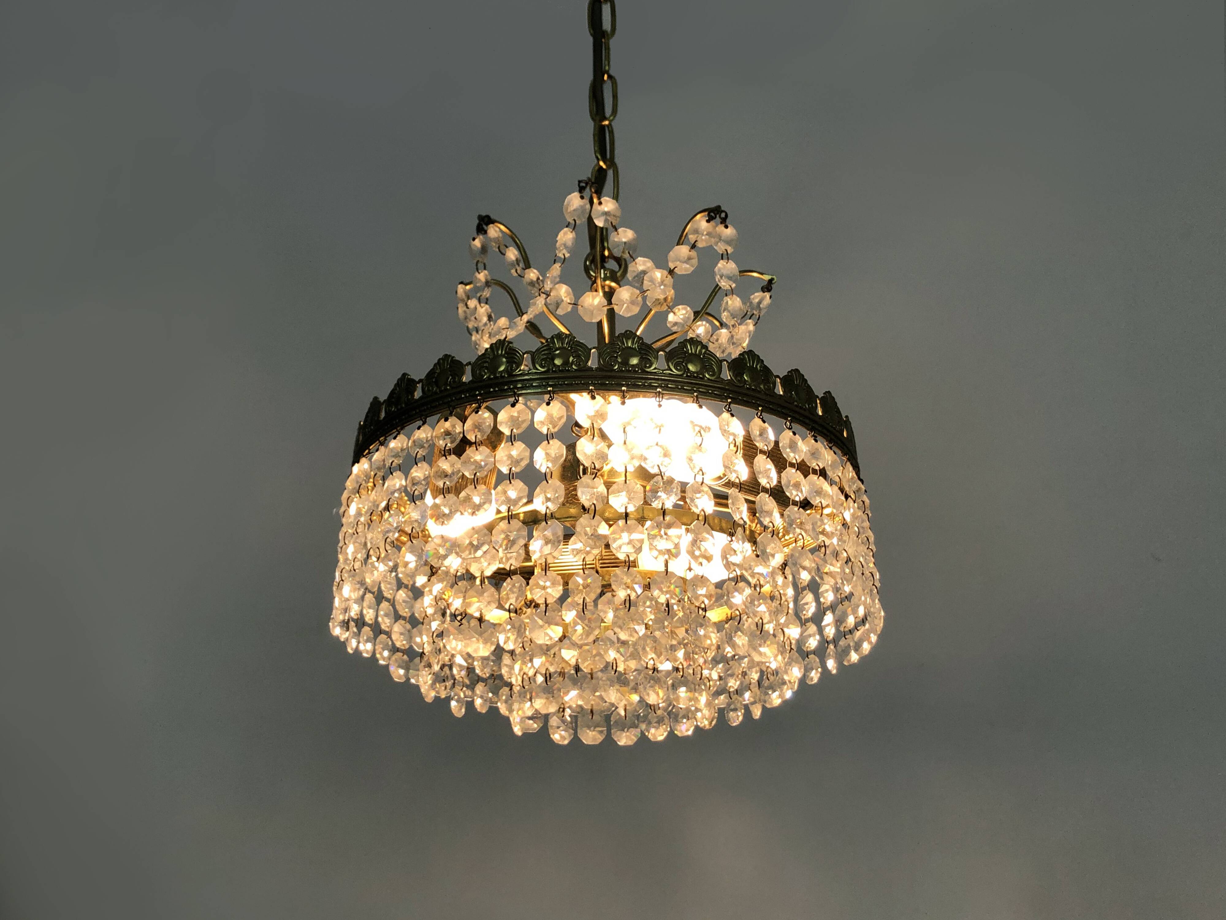 Old chandelier, brass crown ceiling light, 3 floors, 3 lights, glass pendants. 60s