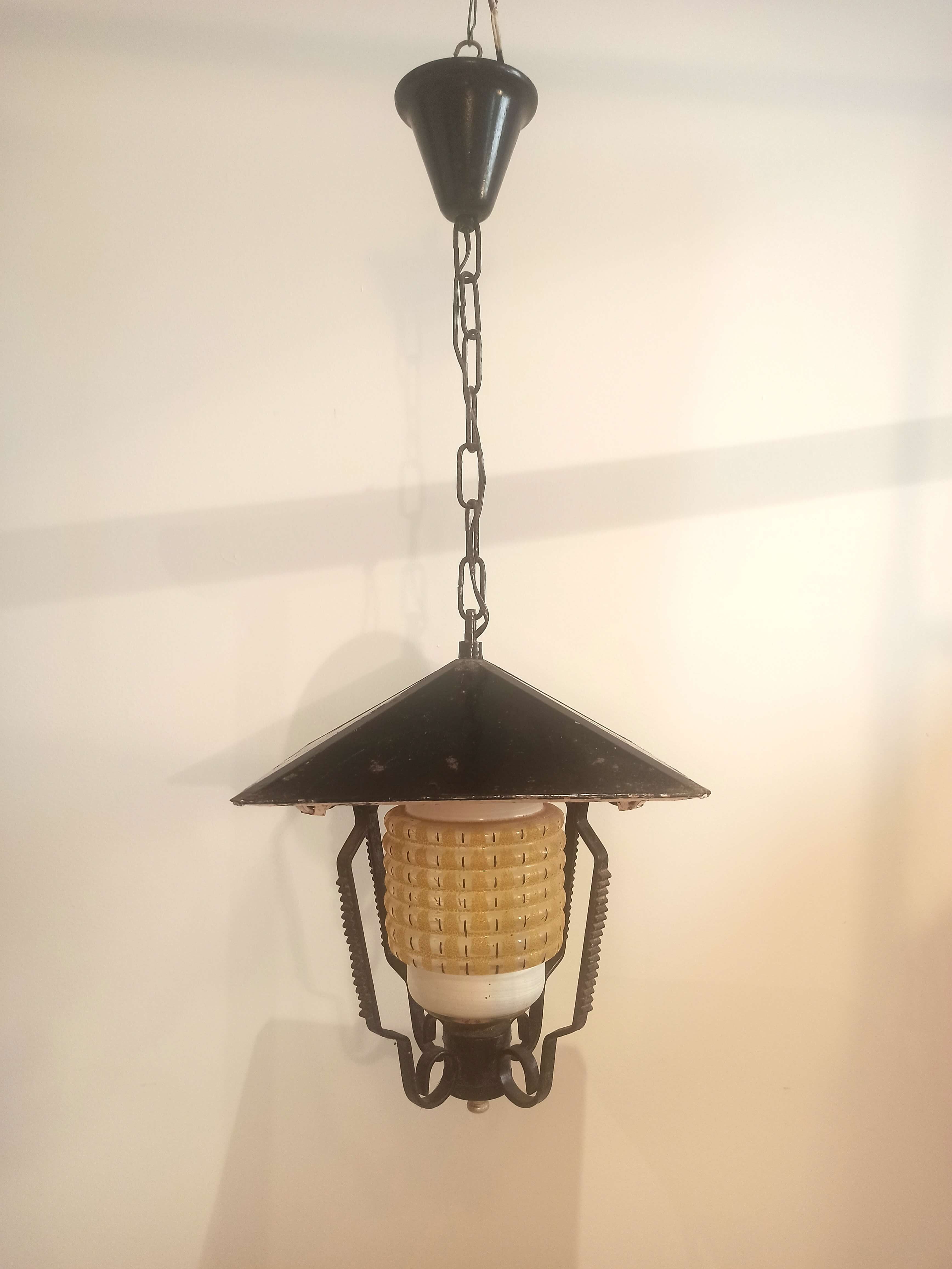 Vintage outdoor pendant light in yellow molded glass and black metal