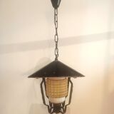 Vintage outdoor pendant light in yellow molded glass and black metal