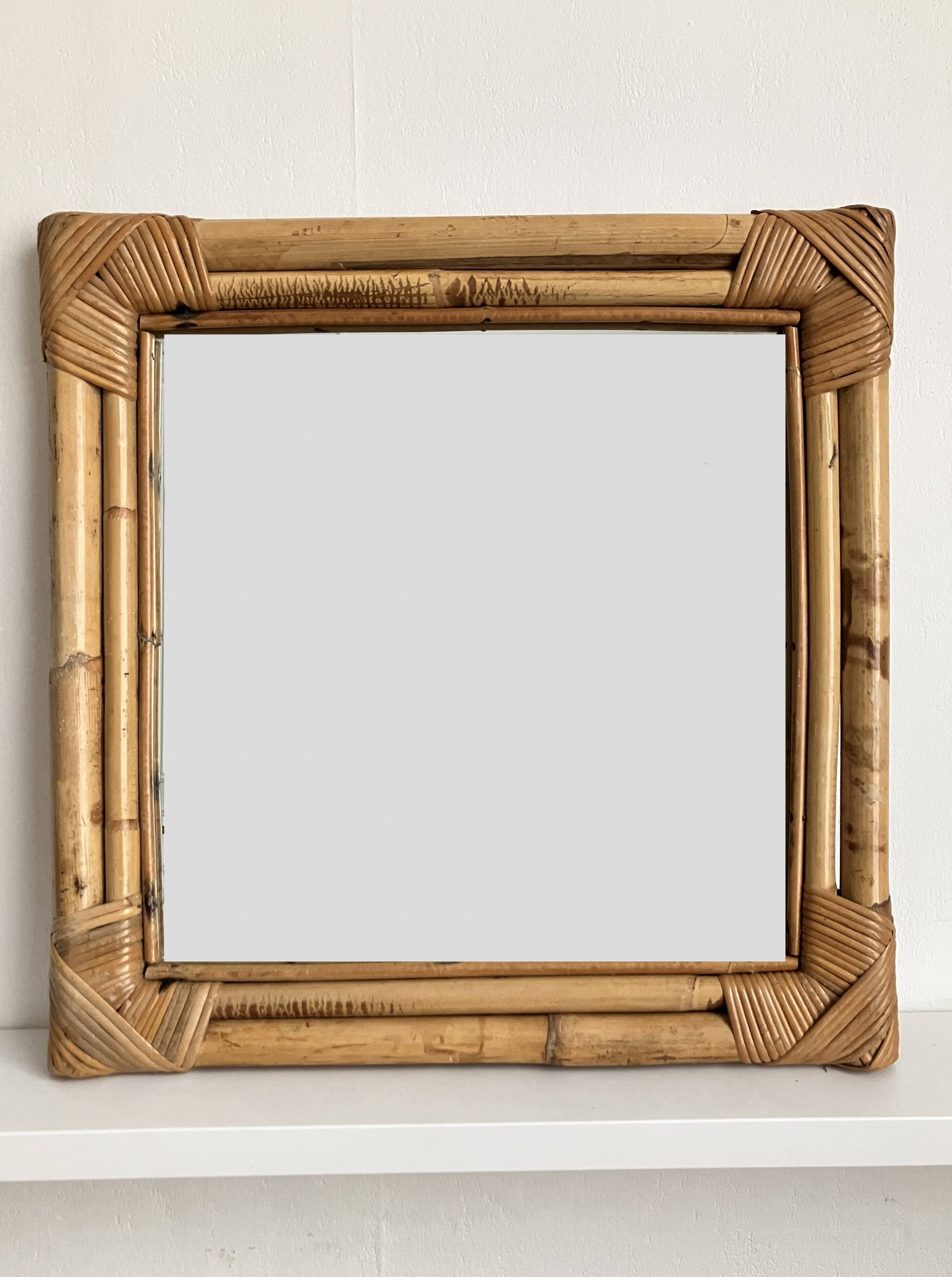Bamboo rattan mirror from the 70s, French Riviera.