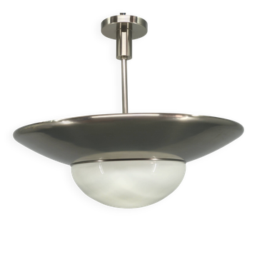 Bauhaus Pendant Light in Nickel and Glass, 1930s Czechoslovakia