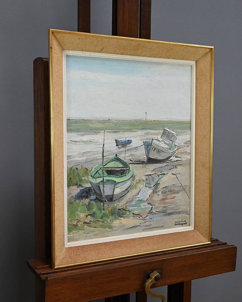 Painting “Boats at Low Tide”, signed J-P. Guinegault – 2nd part 20th century