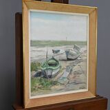 Painting “Boats at Low Tide”, signed J-P. Guinegault – 2nd part 20th century