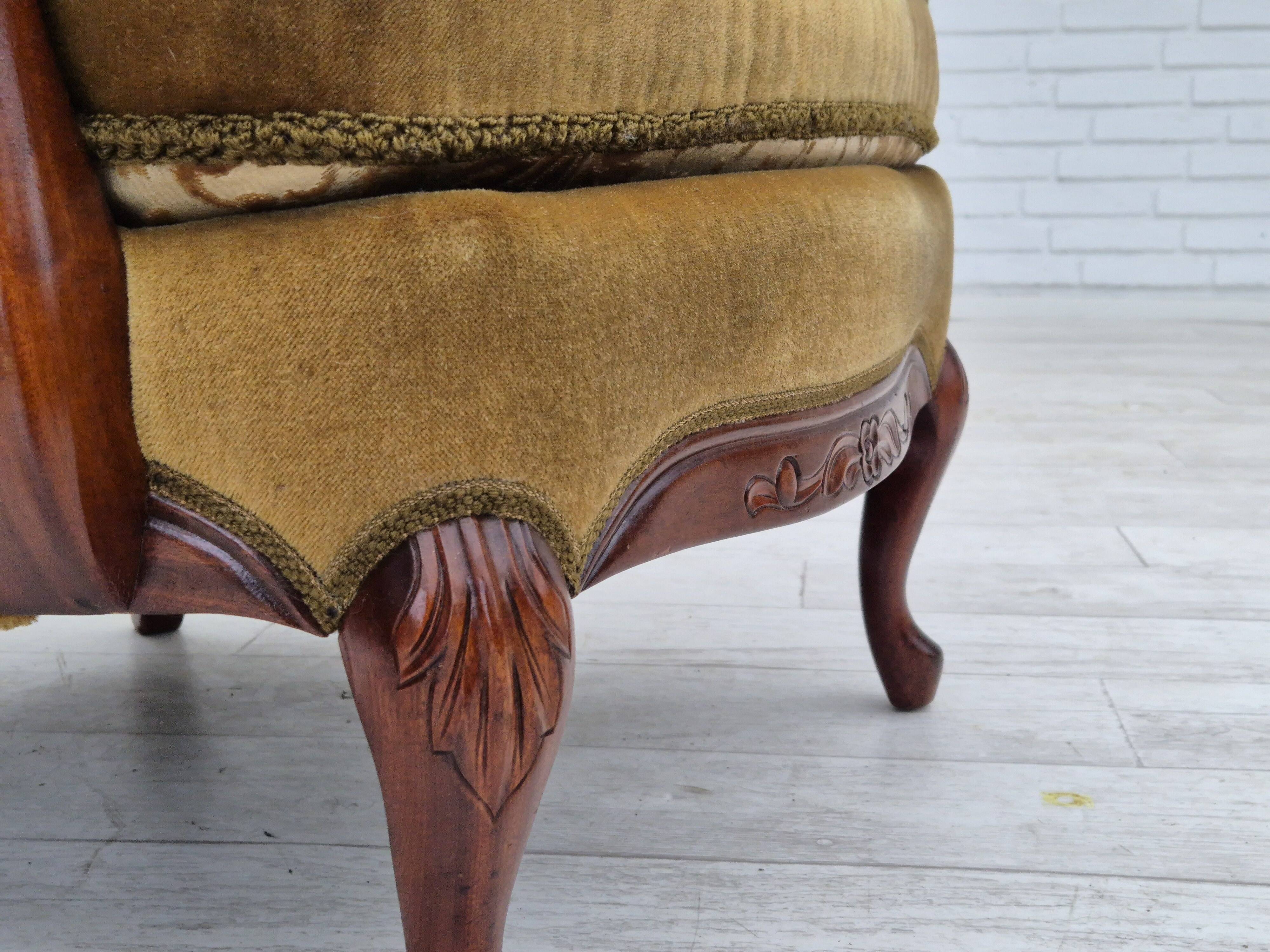 1950s, Danish highback armchair, original upholstery, green velour.