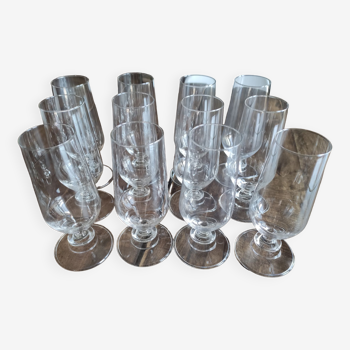 Set of 12 vintage champagne flutes on low crystalline stand