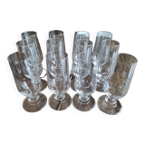 Set of 12 vintage champagne flutes on low crystalline stand