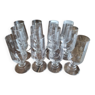 Set of 12 vintage champagne flutes on low crystalline stand