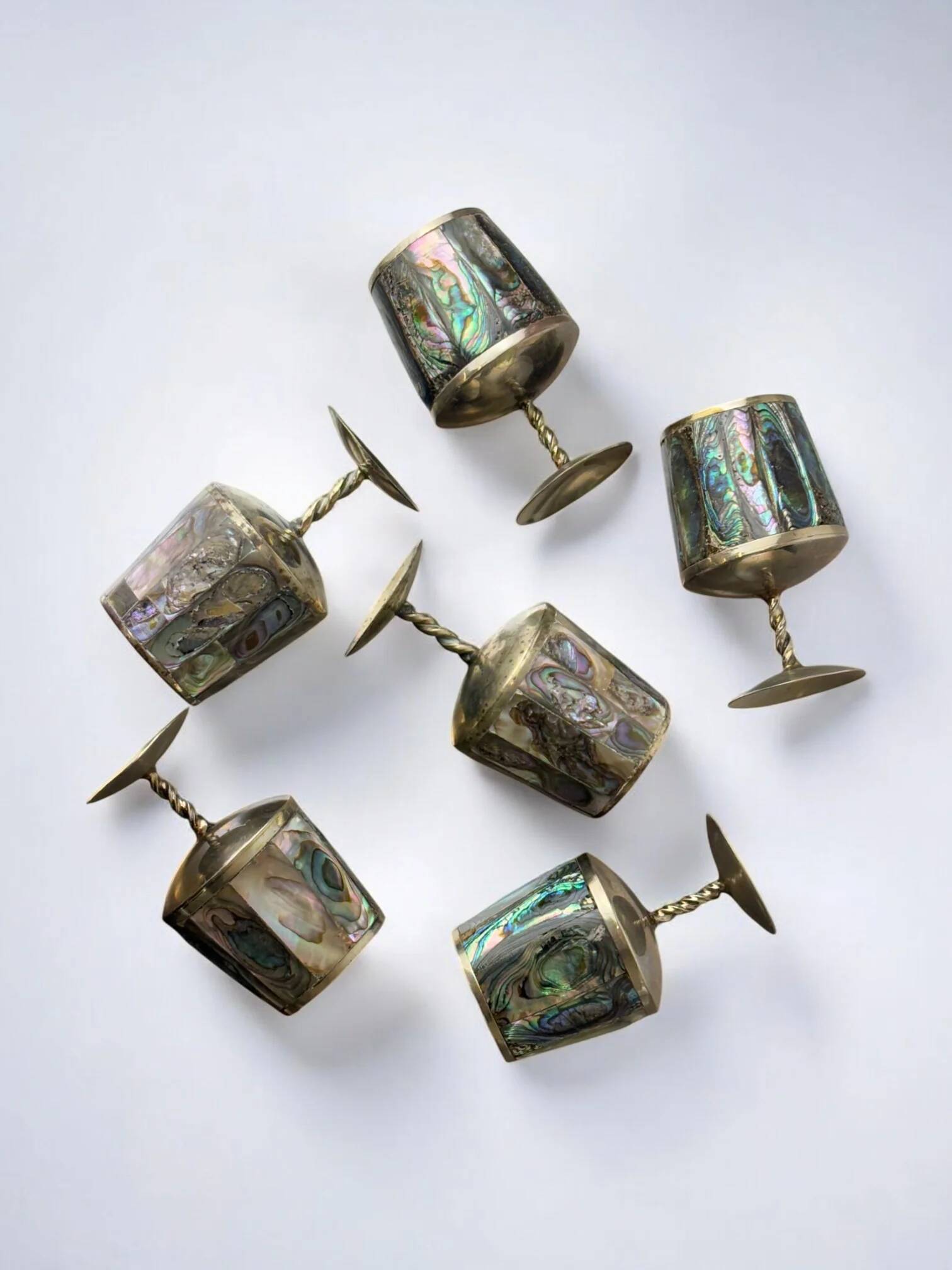 Abalone shell & alpaca shot glasses, set of 6, Mexico, 1970s