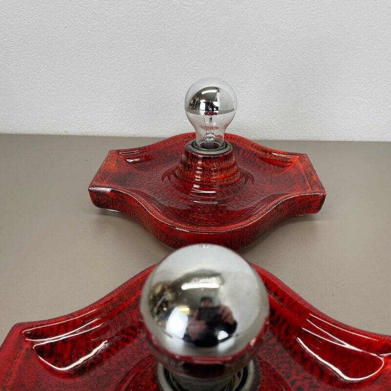 Red ceramic fat lava wall lamps by Hustadt Lights, Germany, 1970s, set of 2