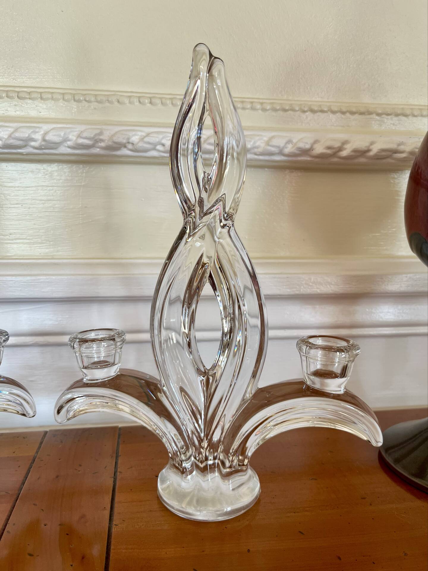 Pair of two-light crystal candlesticks signed Vannes