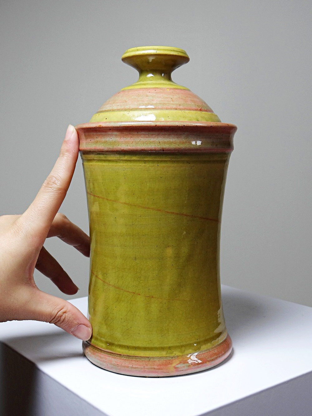 Decorative pot vintage two-tone glazed stoneware spice box handmade signed