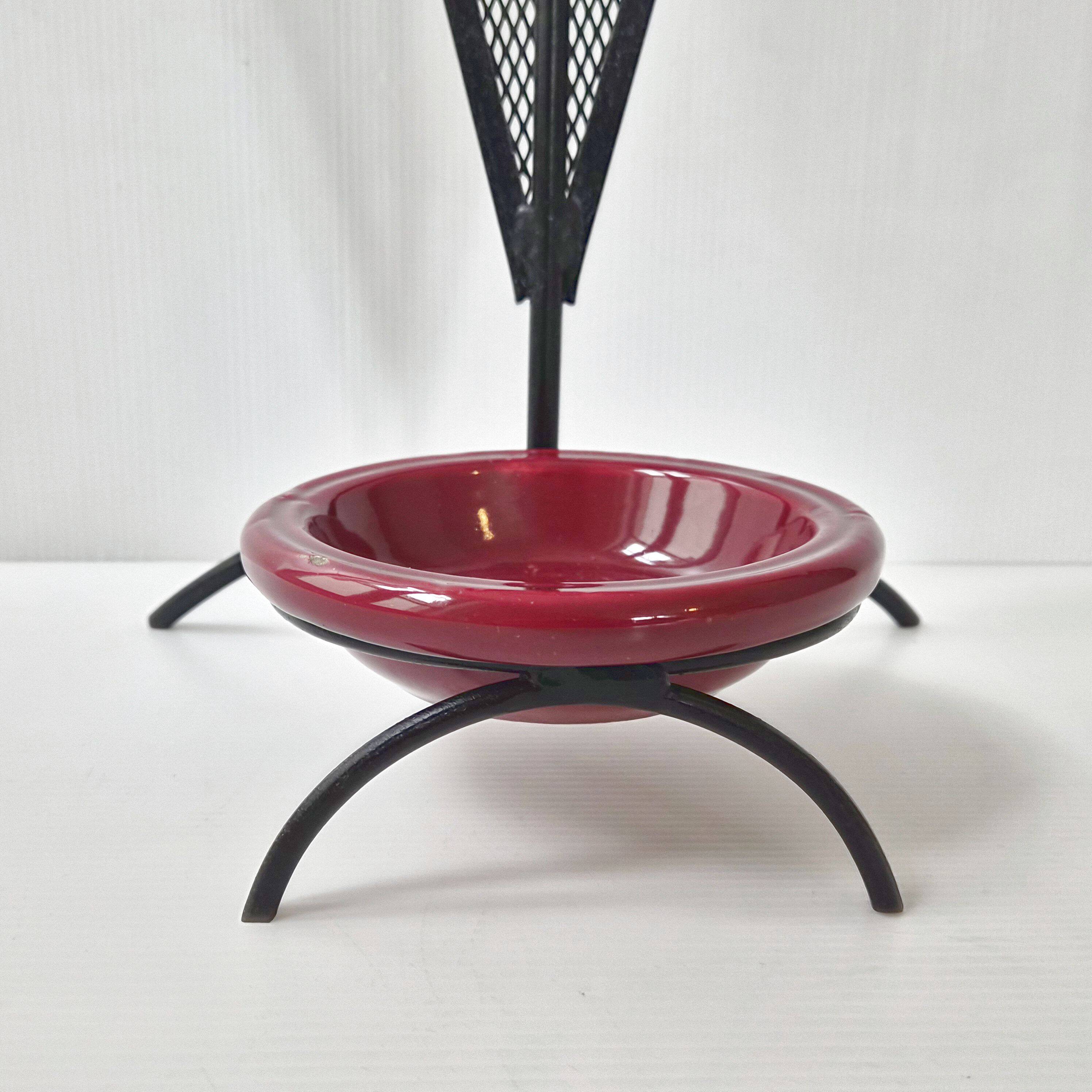 Porte-parapluie vintage 1950 en métal cuir & céramique bordeaux 50s rockabilly