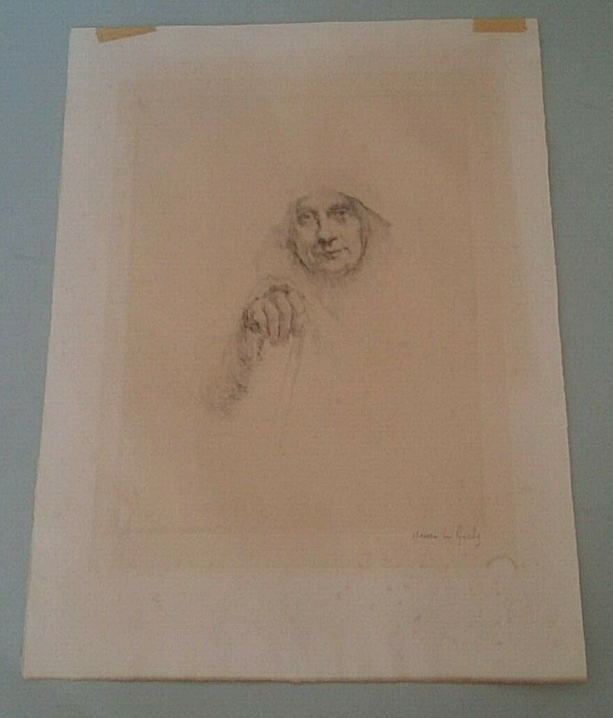 Engraving signed Henri Le Riche portrait of an old woman