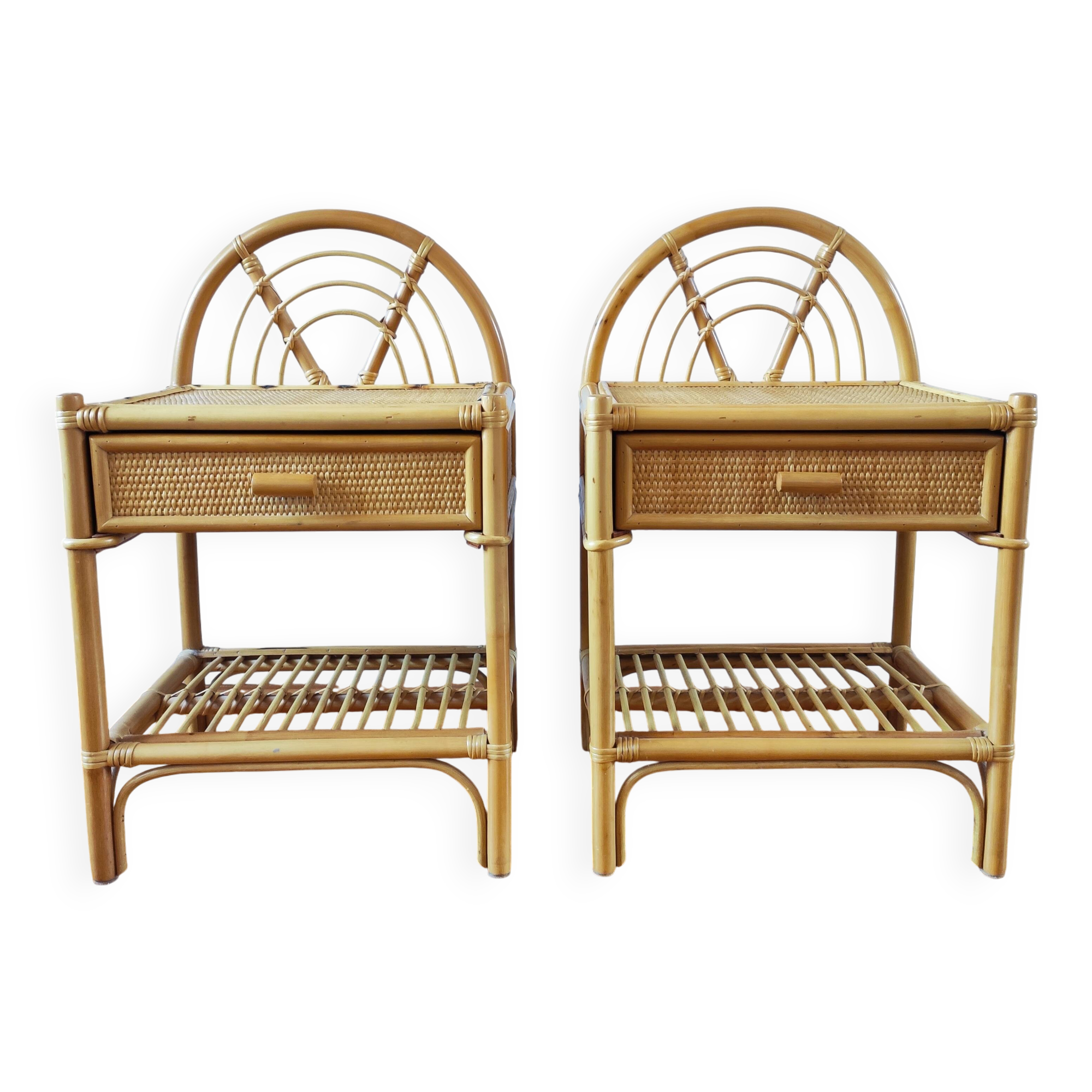 Pair of vintage bedside tables in light rattan
