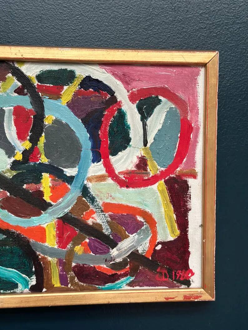 Original Swedish Oil on Canvas – “Abstract Composition” – Signed – Dated 1960 – Vintage & Framed – 44.5 × 31 cm (17.5" × 12.2")