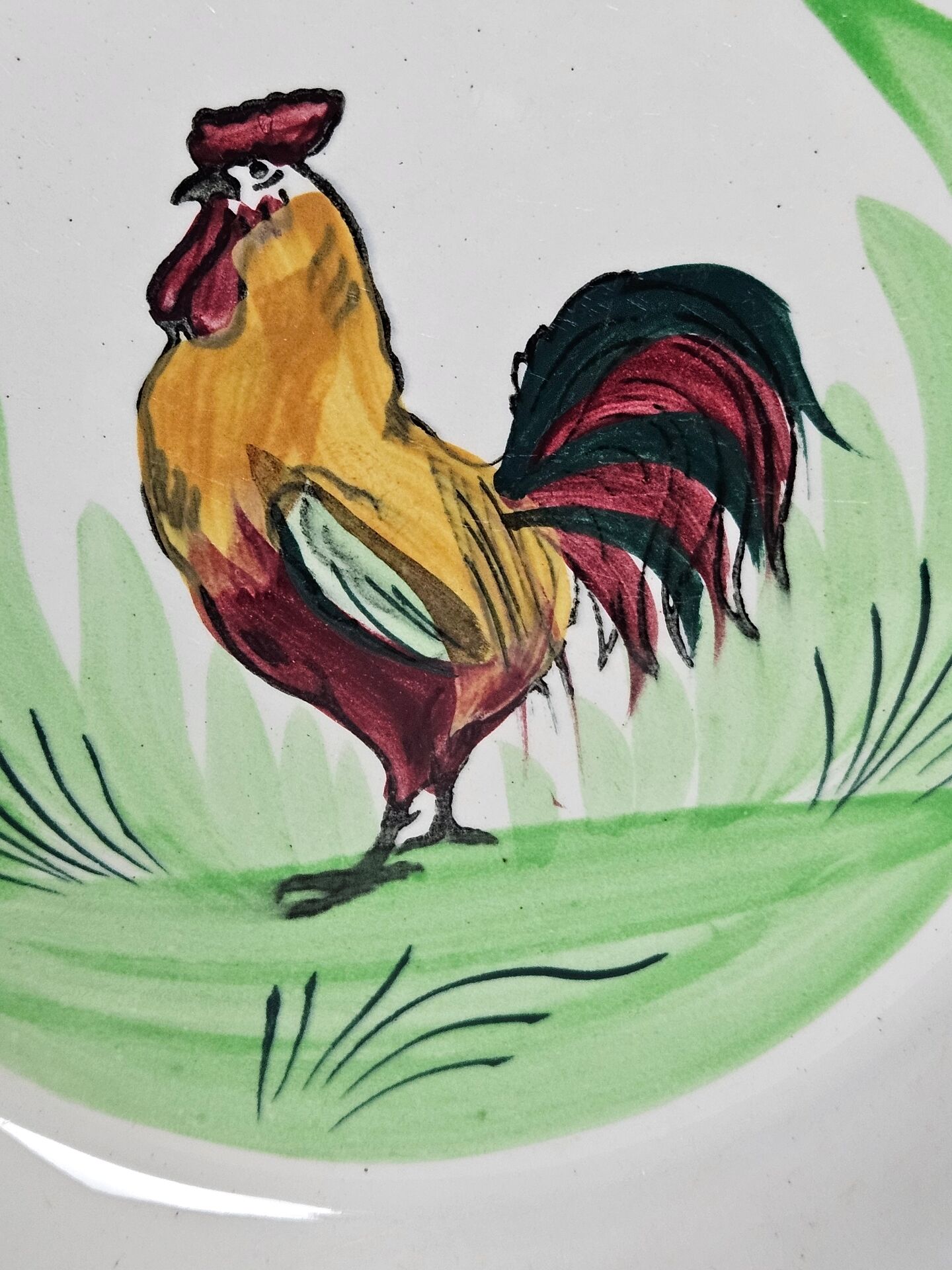 Pair of decorative deep plates with rooster design, St Amand vintage