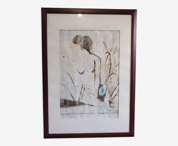 Tableau nu feminin 91 encadré signé technique mixte