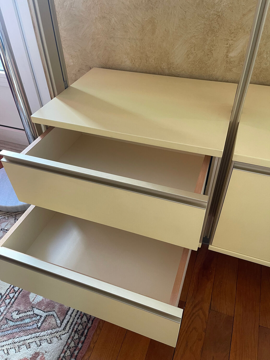 Library, vintage glass and gold aluminium display case, 1980s.