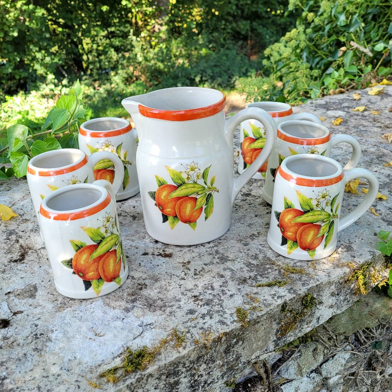 Chic vintage stoneware service campaign Digoin pitcher cup mug handmade