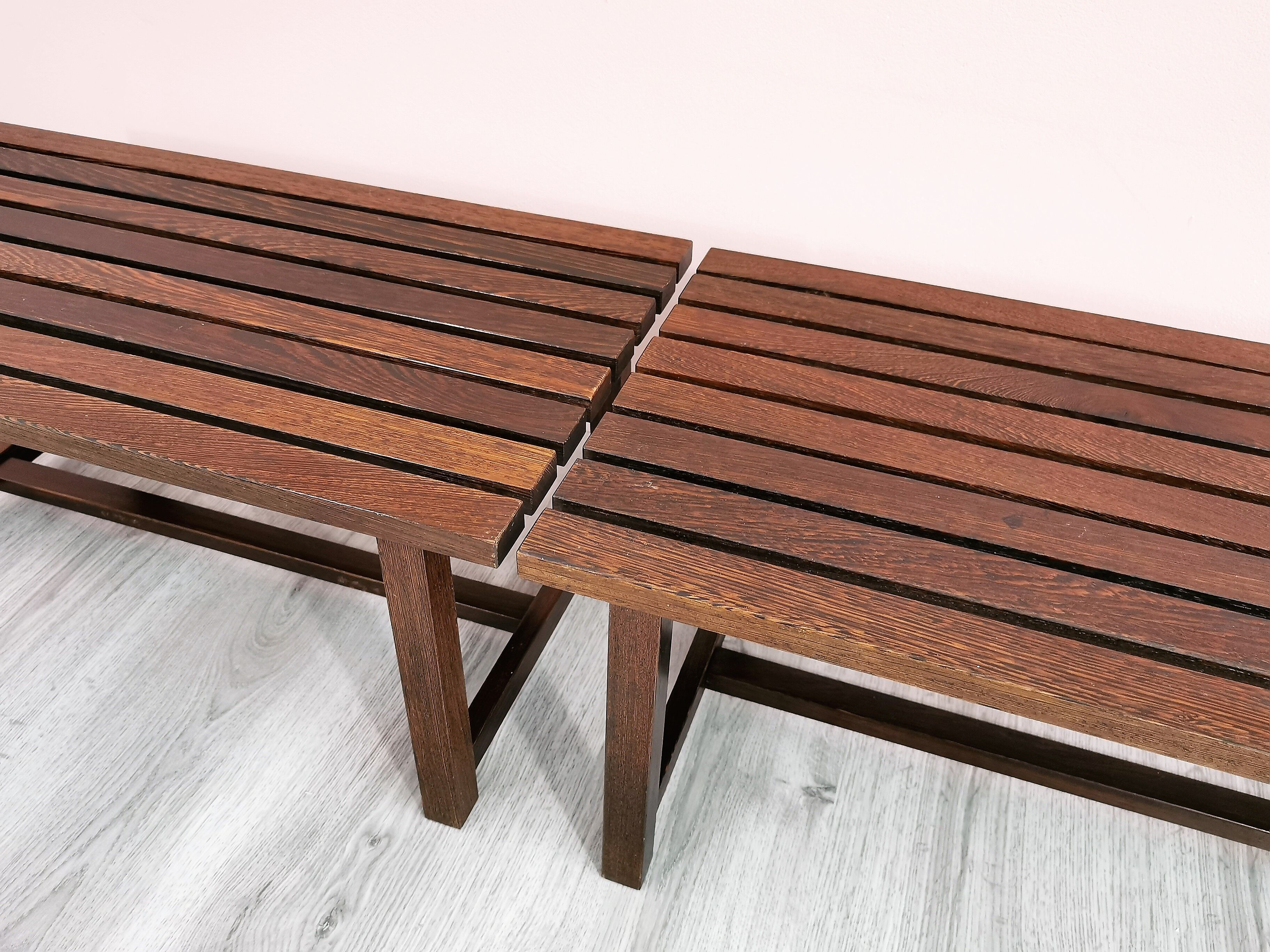 Set of 2 wenge wood slat benches 1970's