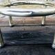 Vintage faux bamboo pedestal table in brass with 2 glass shelves