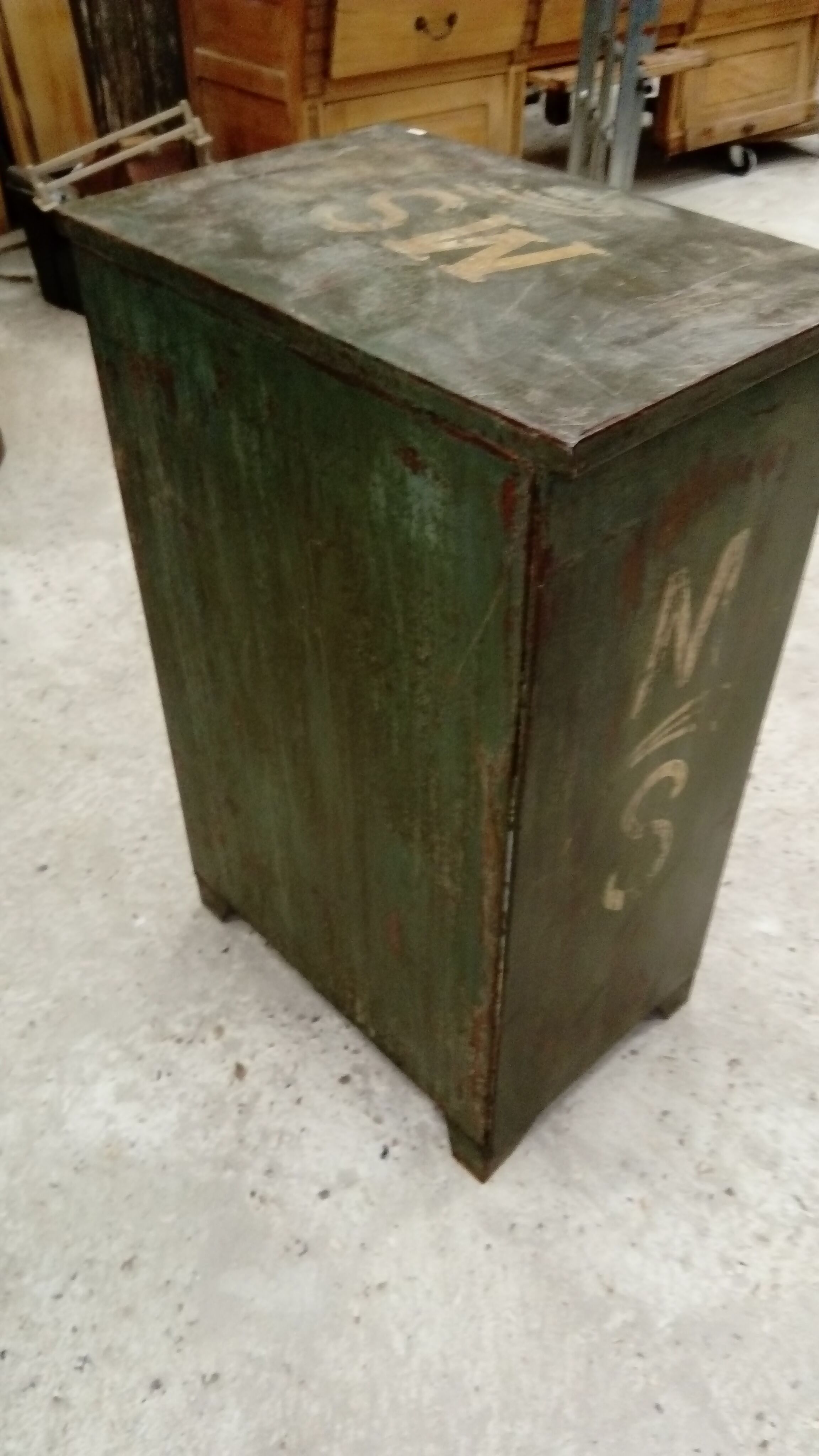 Patinated metal workshop furniture.