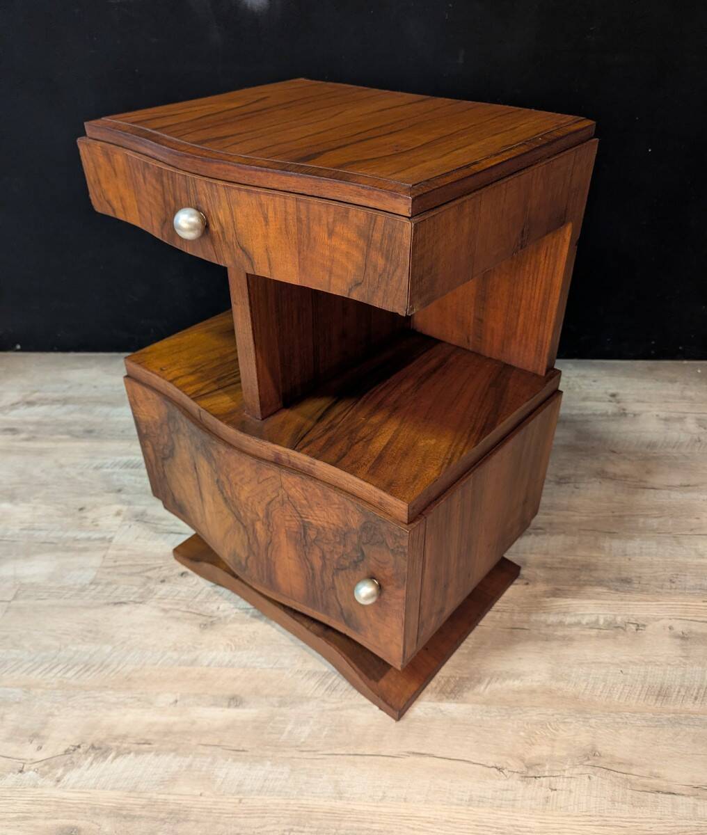 Pair of Art Deco bedside tables in walnut, left and right.