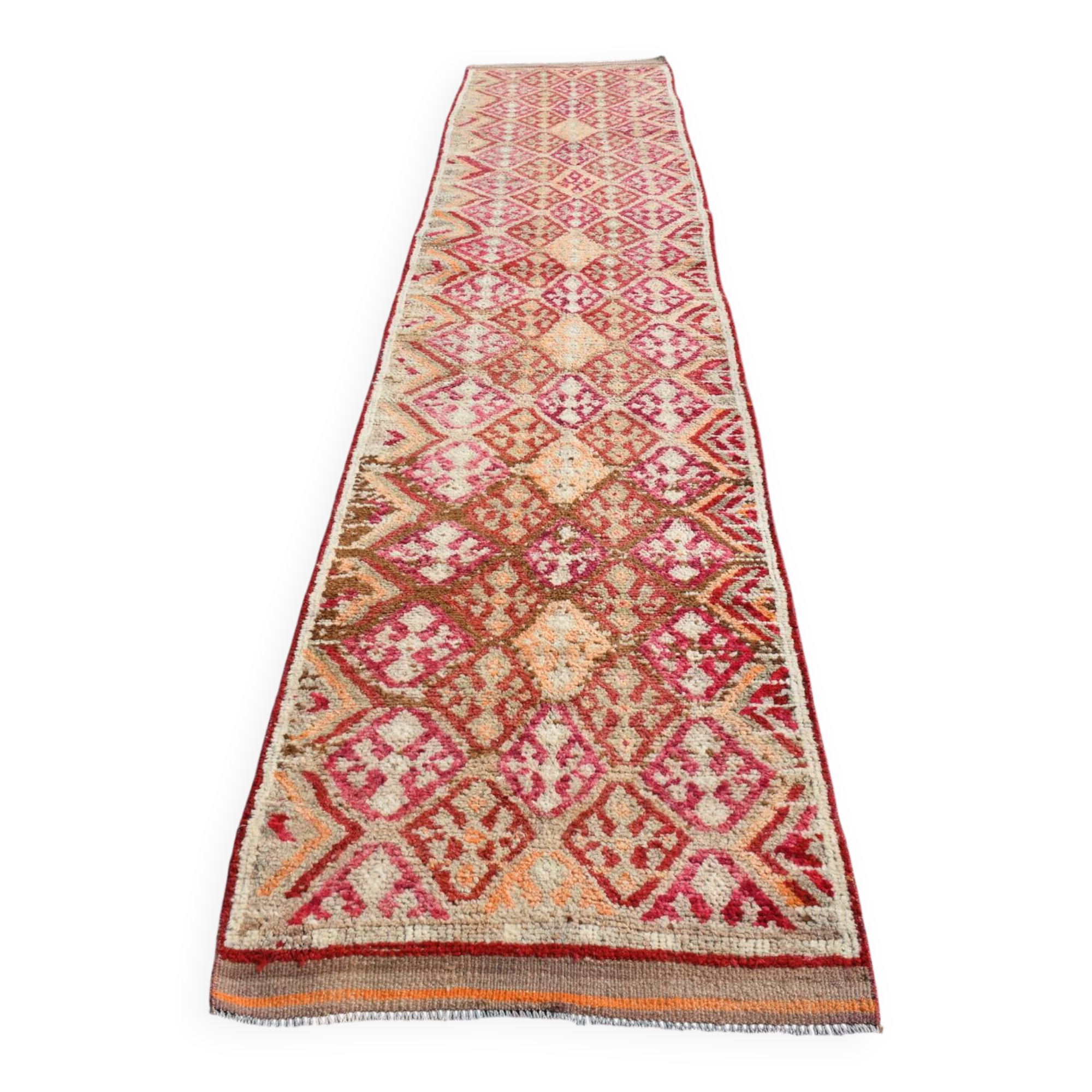 Tapis de Couloir Turc Vintage, Laine Rouge & Beige Géométrique, 83x388 Cm