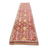 Tapis de Couloir Turc Vintage, Laine Rouge & Beige Géométrique, 83x388 Cm
