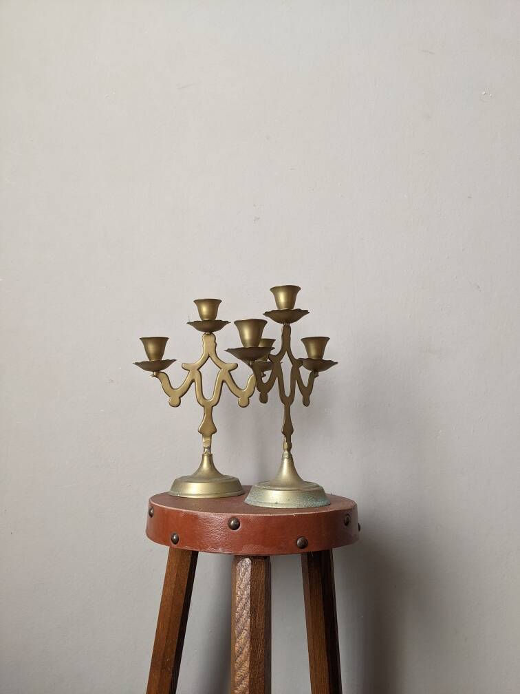 Pair of 3-branch brass candlesticks, Scandinavian country bohemian decoration