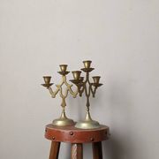 Pair of 3-branch brass candlesticks, Scandinavian country bohemian decoration